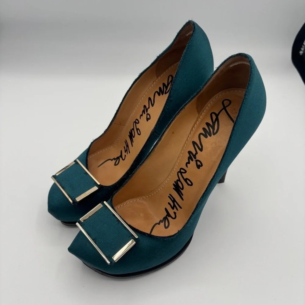 Lanvin Platform Pumps Women Sz 39 Teal Satin Buckle Stiletto Heel Luxury